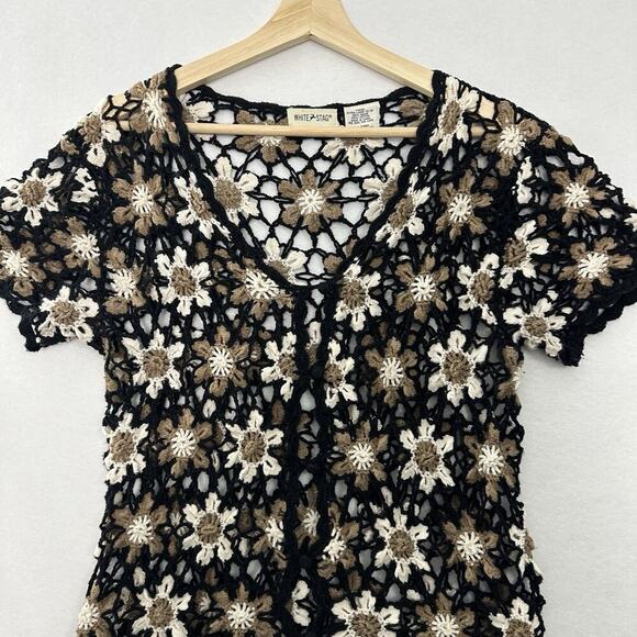 Vintage Floral Crochet Button Up Top Womens L Black White Dark Cottage Flowers - Picture 2 of 14